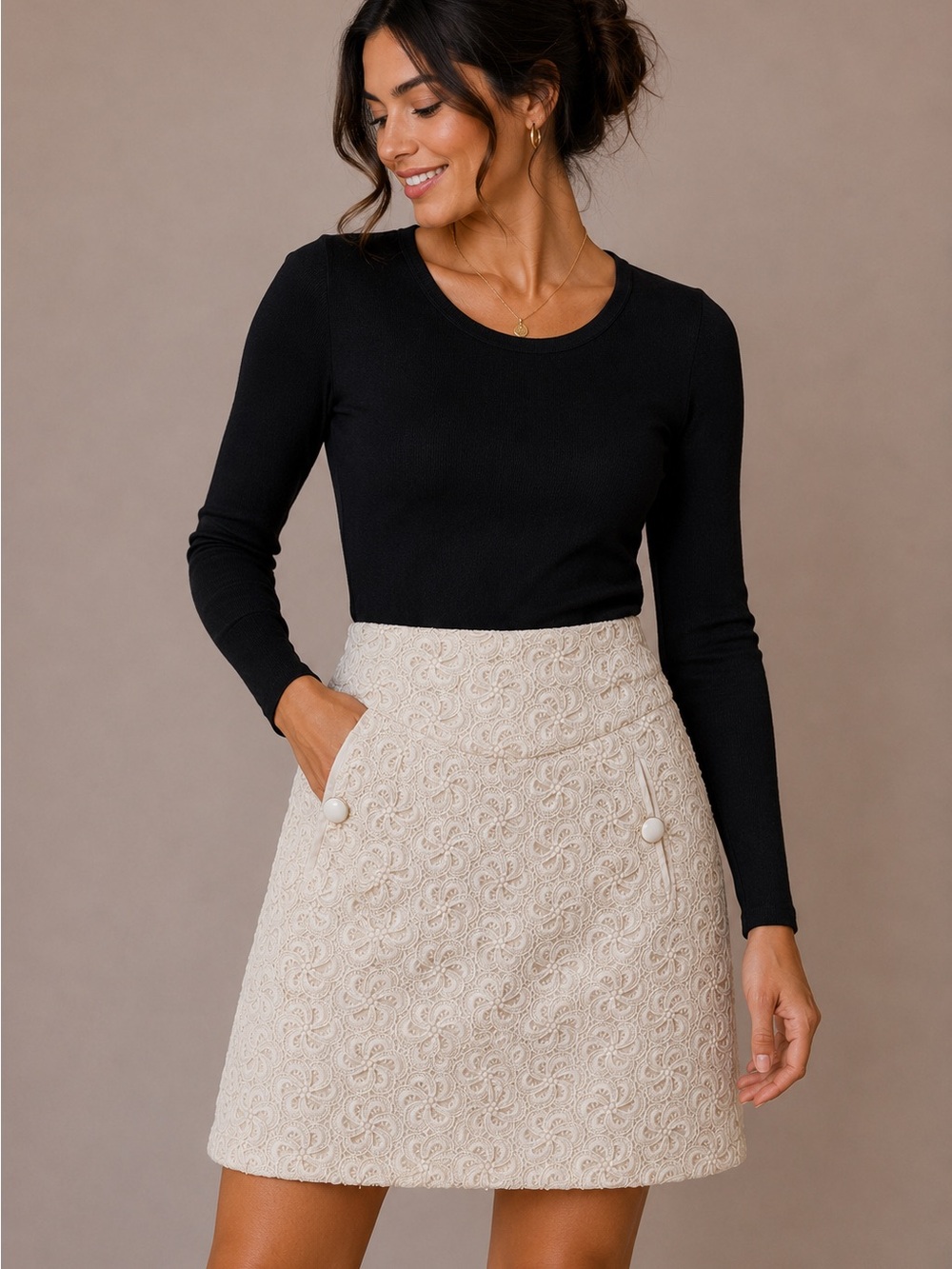 Anthropologie Cream Lace A-Line Skirt with Button Accents